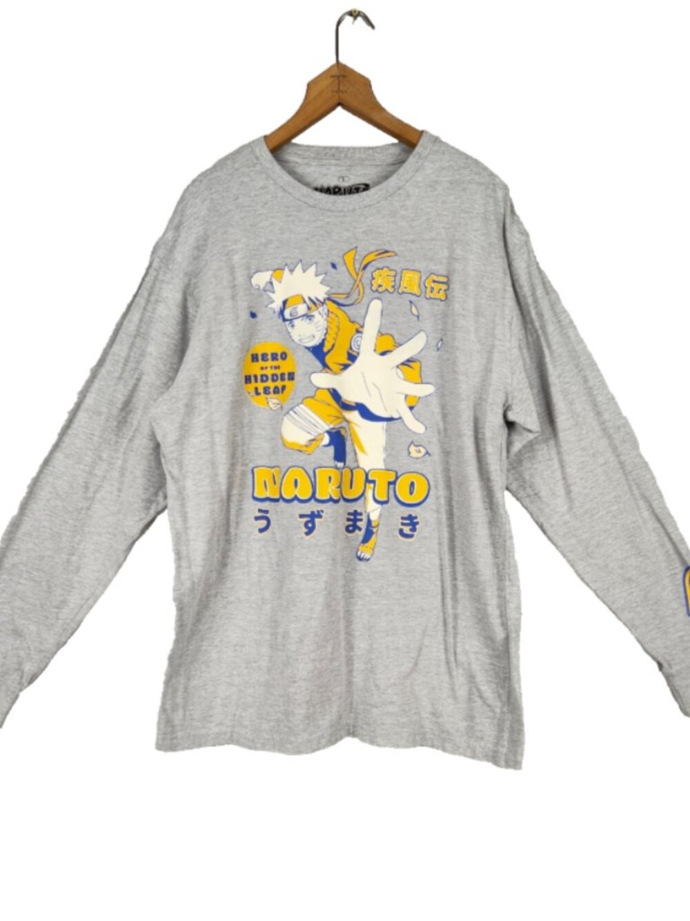 Naruto Shippuden Long Sleeve Tee Men's L Gray Hero of the Hidden Leaf Anime